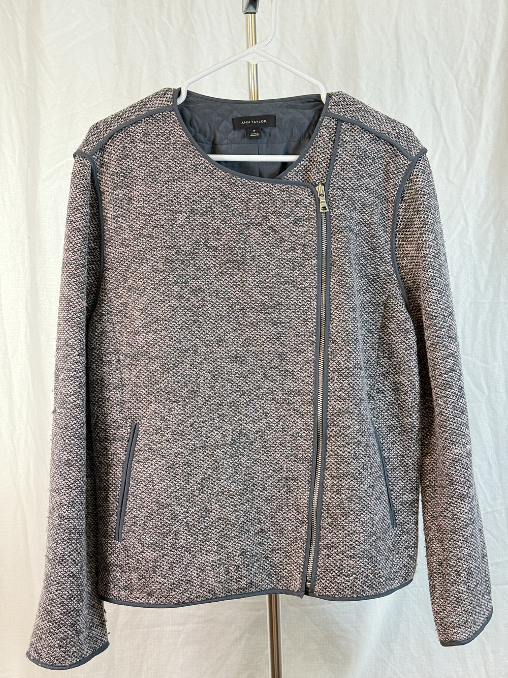 Ann Taylor Moto/Biker Styled Pink-Grey Tweed Zip-Front Blazer sz 18